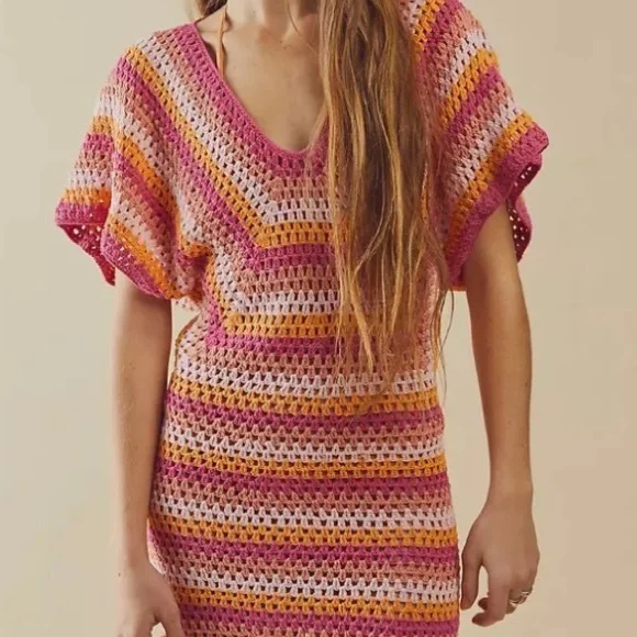 Flook x Free People Eden XS & Med Pink Striped Crochet Handmade Knit Cover-Up